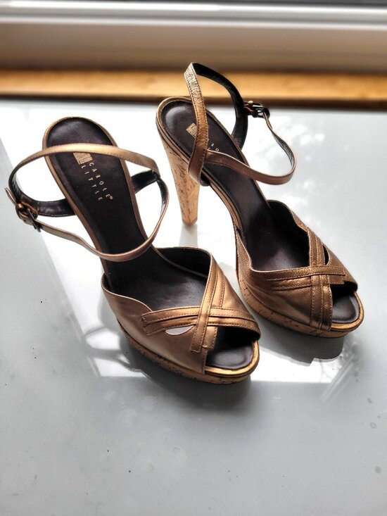 Vintage Shoes - Vintage 90s Carole Little Cork Platform Metallic Bronze Heels Size 8.5M